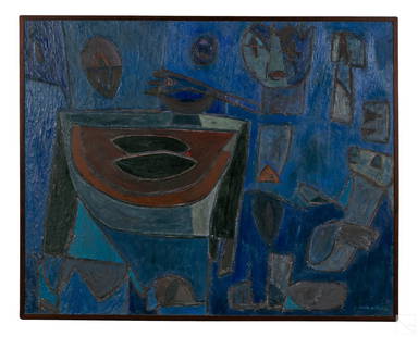 Julio Antonio (b.1950) Modernist Abstract Painting: Julio Antonio (Cuban, born 1950). An original acrylic painting on canvas. A figural abstract work produced in the Latin American modernist style. Titled, "Dos Semillas Para Un Mamey." Thick paint