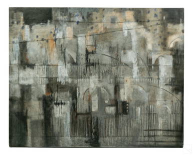 Enrique Magana b.1951 Abstract Cityscape Painting: Enrique Magana (Mexican, born 1951). An original acrylic painting on canvas. Titled, "Ciudadela" ("Citadel"). An abstract city landscape work featuring architectural elements, and other forms. Artist