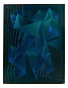 Modern 20thC. Geometric Abstract Acrylic Painting: Mystery Artist (20th Century). An original acrylic painting on canvas. An abstract work with geometric forms in a dark palette with green, blue, and other colors. No apparent signature. Presented in
