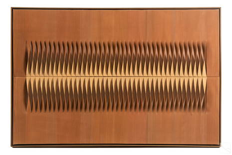 Janet Folsom (1905-1989) Op Art Fabric Painting: Janet Folsom (American, 1905-1989). An original Op Art painting utilizing multi media. Executed by cutting painted canvas into strips to achieve an optical effect. The artist was well known in Palm