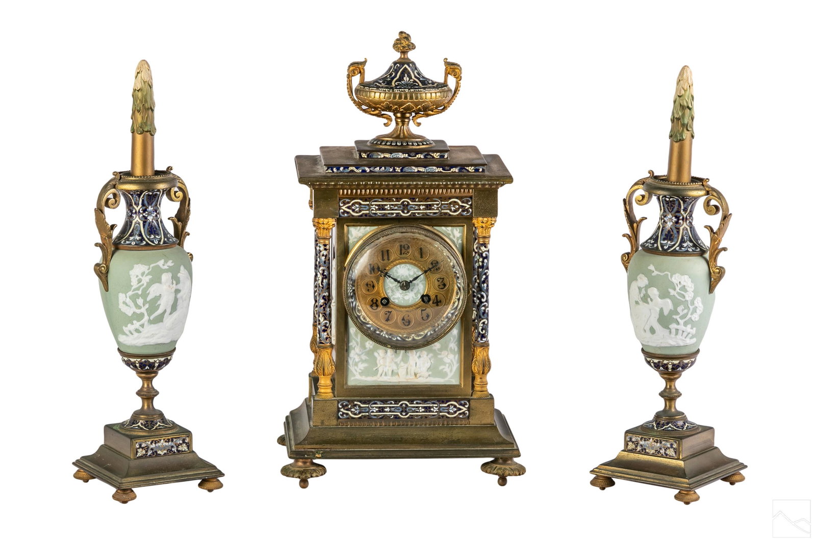 19th C French Bronze Champleve Clock Garniture SET (1 of 9)