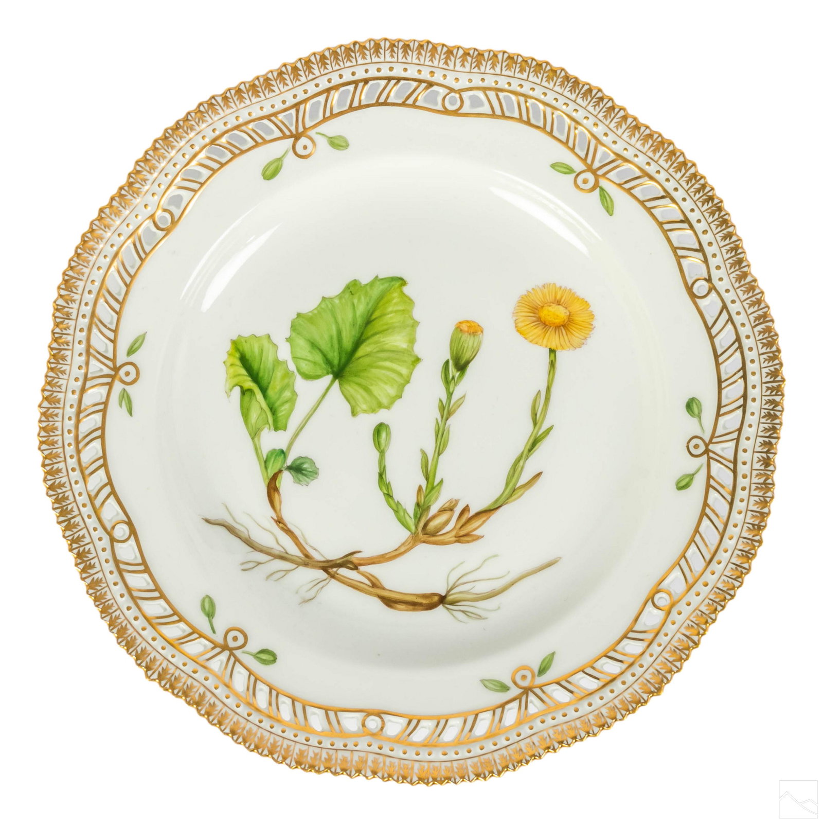 Royal Copenhagen Flora Danica Pierced Dinner Plate: Royal Copenhagen Flora Danica porcelain charger plate with pierced reticulated border. No. 20/3574. Latin name: "Tussilago Farfara L." Profuse gold gilding. ROYAL COPENHAGEN DENMARK backstamp with pat