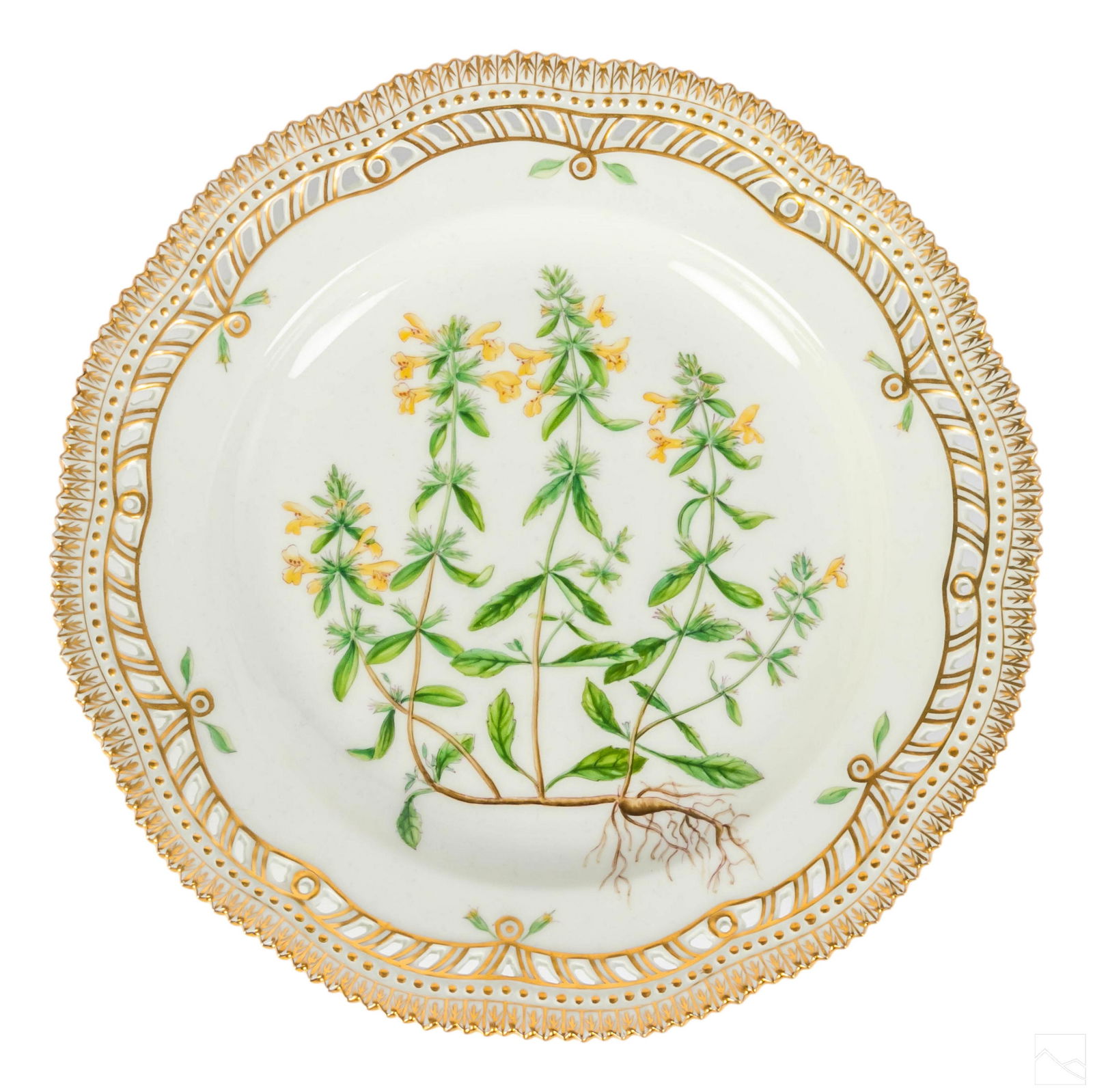 Royal Copenhagen Flora Danica Pierced Dinner Plate: Royal Copenhagen Flora Danica porcelain charger plate with pierced reticulated border. No. 20/3563. Latin name: "Stachys Annuus L." Profuse gold gilding. ROYAL COPENHAGEN DENMARK backstamp with patter