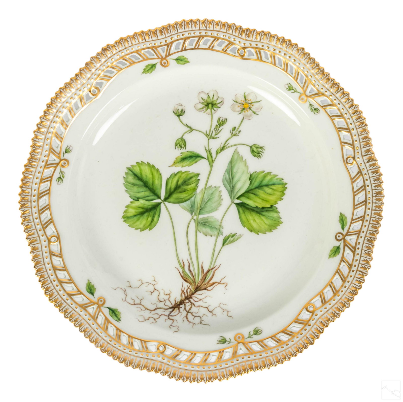 Royal Copenhagen Flora Danica Pierced Dinner Plate: Royal Copenhagen Flora Danica porcelain charger plate with pierced reticulated border. No. 20/3526. Latin name: "Fragaria Collina Ehrh." Profuse gold gilding. ROYAL COPENHAGEN DENMARK backstamp with p