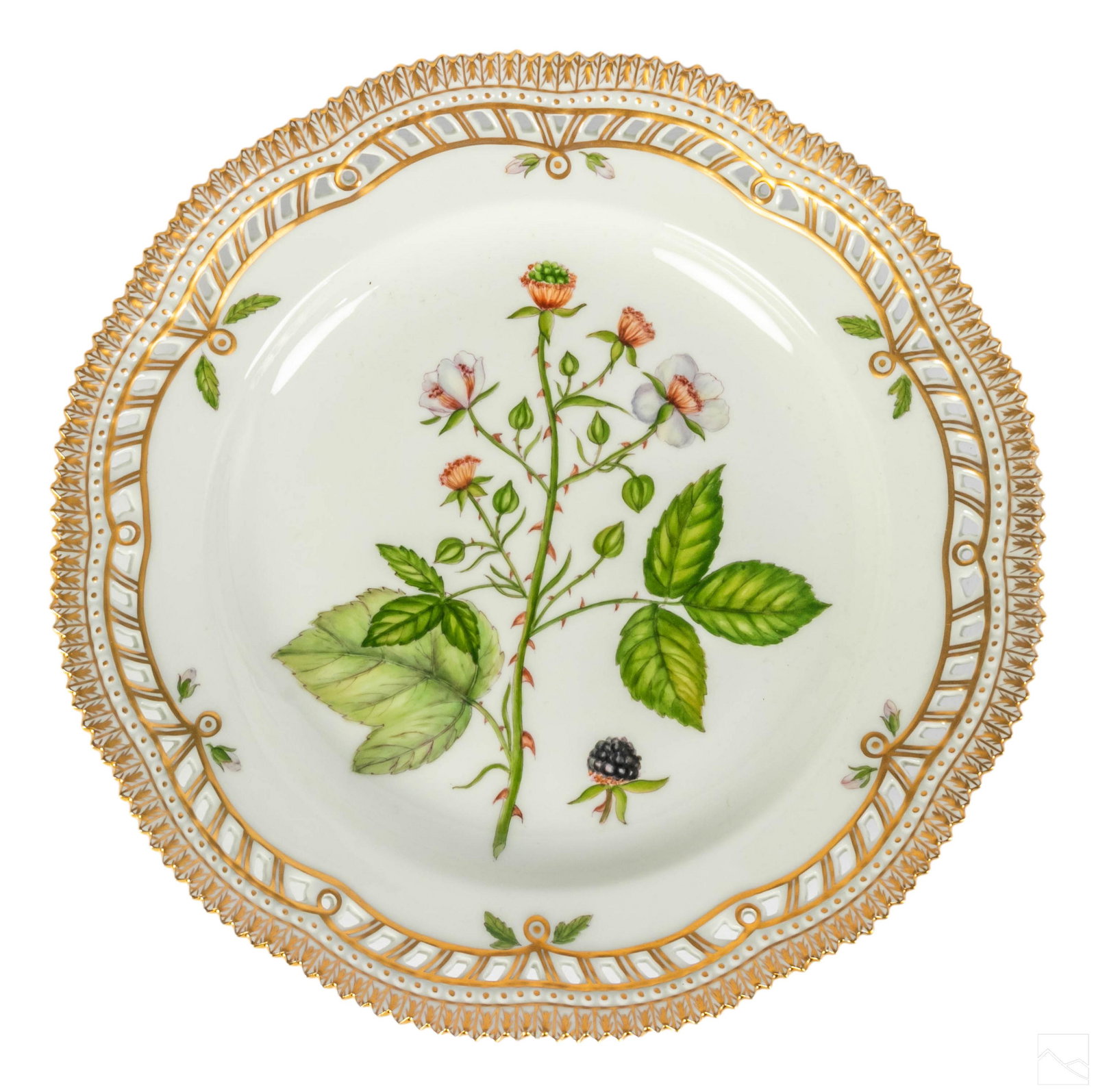 Royal Copenhagen Flora Danica Pierced Dinner Plate: Royal Copenhagen Flora Danica porcelain charger plate with pierced reticulated border. No. 20/3553. Latin name: "Rubus Vestitus Whe." Profuse gold gilding. ROYAL COPENHAGEN DENMARK backstamp with patt