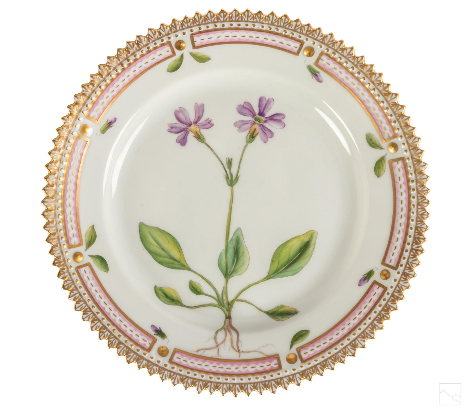 Royal Copenhagen Flora Danica Bread & Butter Plate: Royal Copenhagen (Denmark) 20th century Flora Danica bread and butter dish. Decorated with the "Primula Norvegica Retz" (Norway Sedge) purple flower design, and gold trim. Marked 20 3552 dex with blue