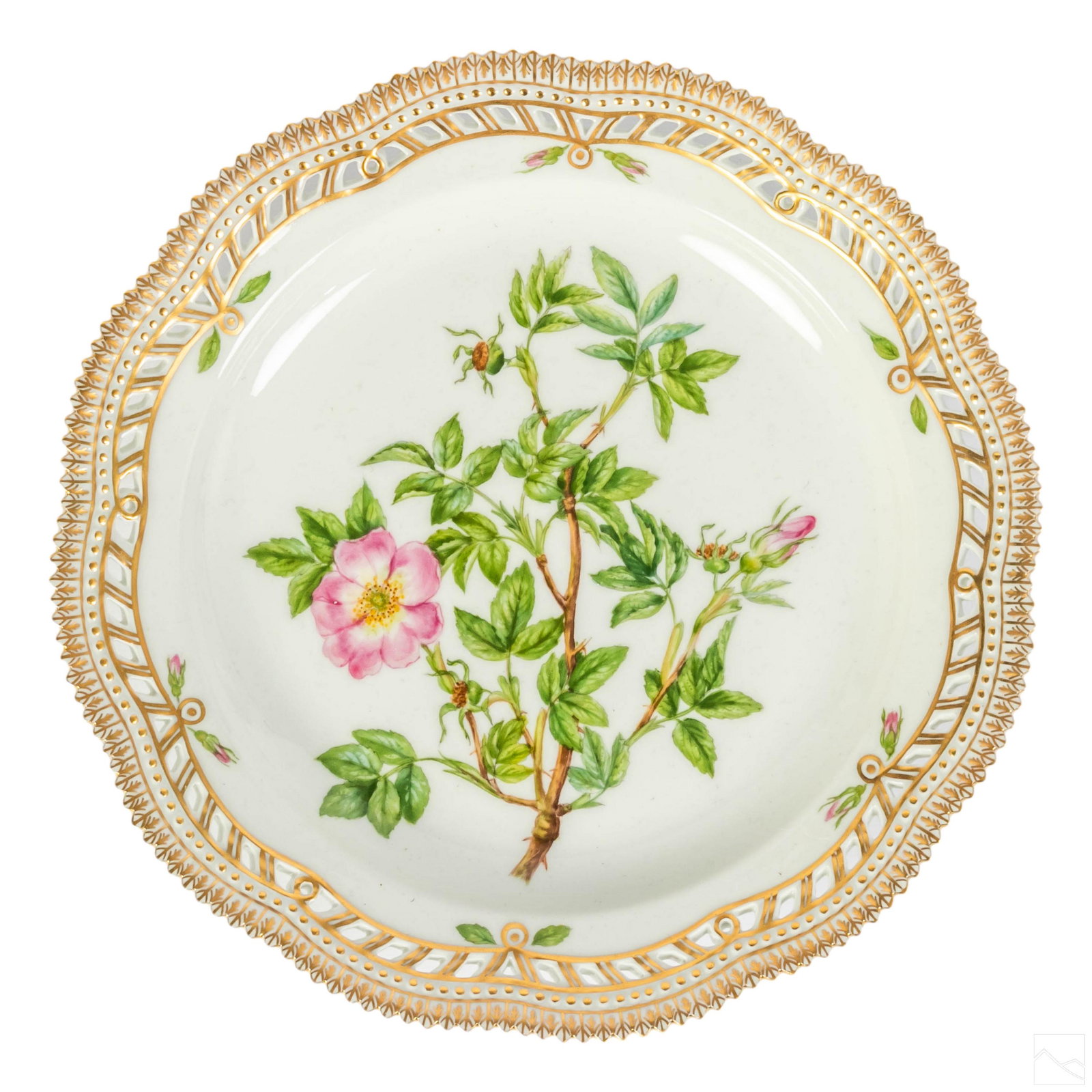 Royal Copenhagen Flora Danica Pierced Dinner Plate: Royal Copenhagen Flora Danica porcelain charger plate with pierced reticulated border. No. 20/3526. Latin name: "Rosa Fluvialis Mull." Profuse gold gilding. ROYAL COPENHAGEN DENMARK backstamp with pat