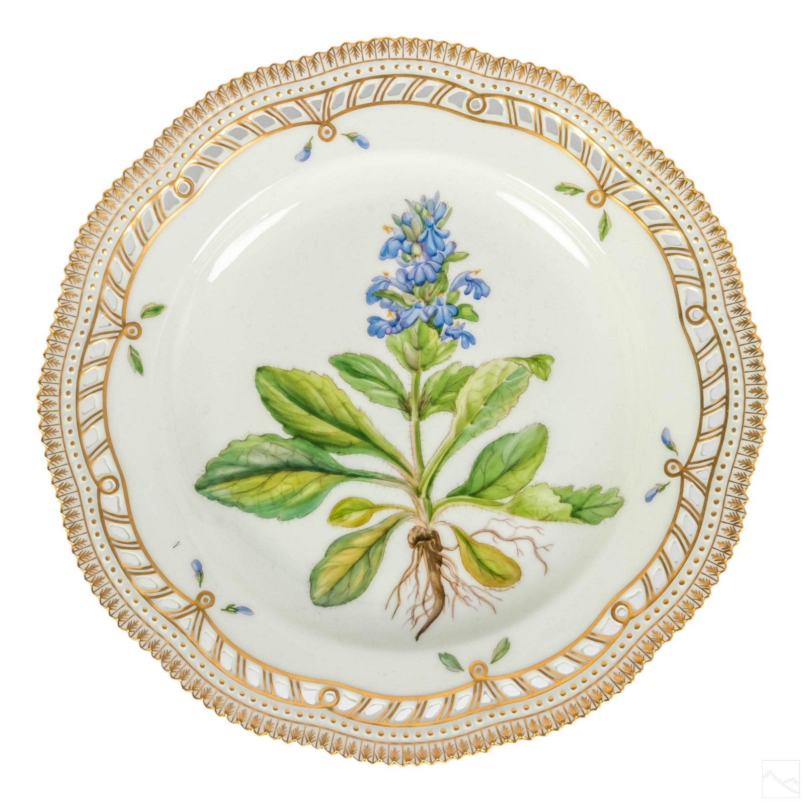 Royal Copenhagen Flora Danica Pierced Dinner Plate: Royal Copenhagen Flora Danica porcelain charger plate with pierced reticulated border. No. 20/3553. Latin name: "Ajuga Genevensis L." Profuse gold gilding. ROYAL COPENHAGEN DENMARK backstamp with patt