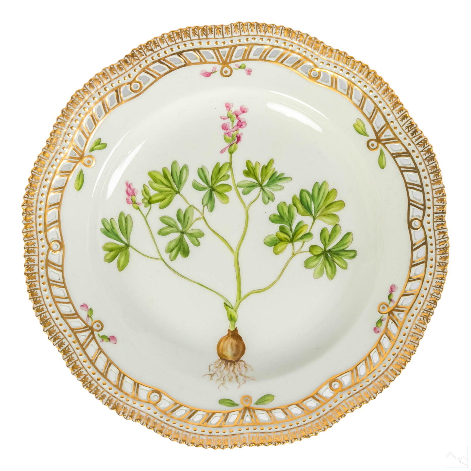 Royal Copenhagen Flora Danica Pierced Dinner Plate: Royal Copenhagen Flora Danica porcelain charger plate with pierced reticulated border. No. 20/3553. Latin name: "Corydalis Fabacea Pers." Profuse gold gilding. ROYAL COPENHAGEN DENMARK backstamp with 