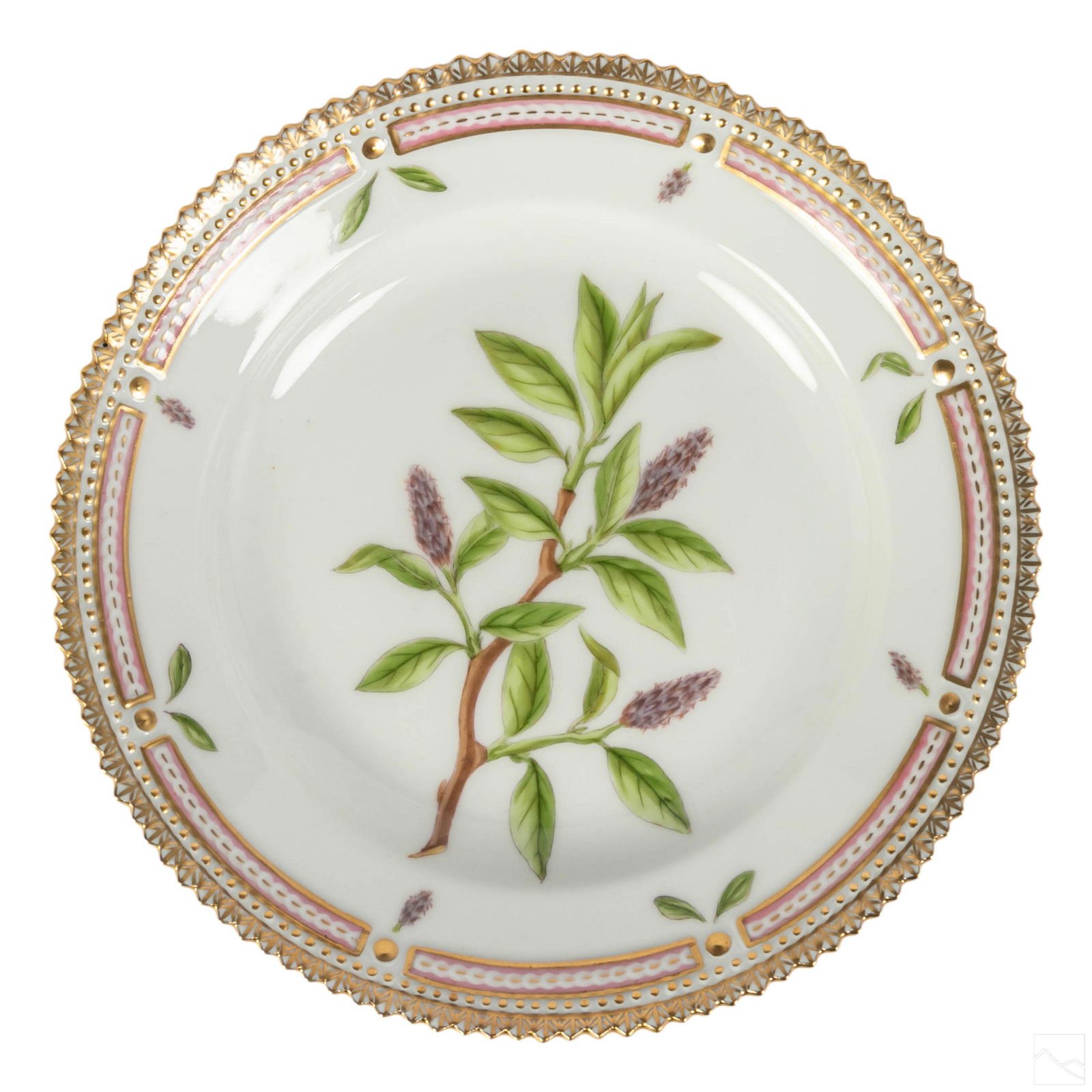 Royal Copenhagen Flora Danica 6 3/4" Dessert Plate: Royal Copenhagen Flora Danica porcelain desert plate saucer. No. 20/3551. Latin name: "Salix Appendiculata Vahl." Profuse gold gilding. ROYAL COPENHAGEN DENMARK backstamp with pattern and edition info