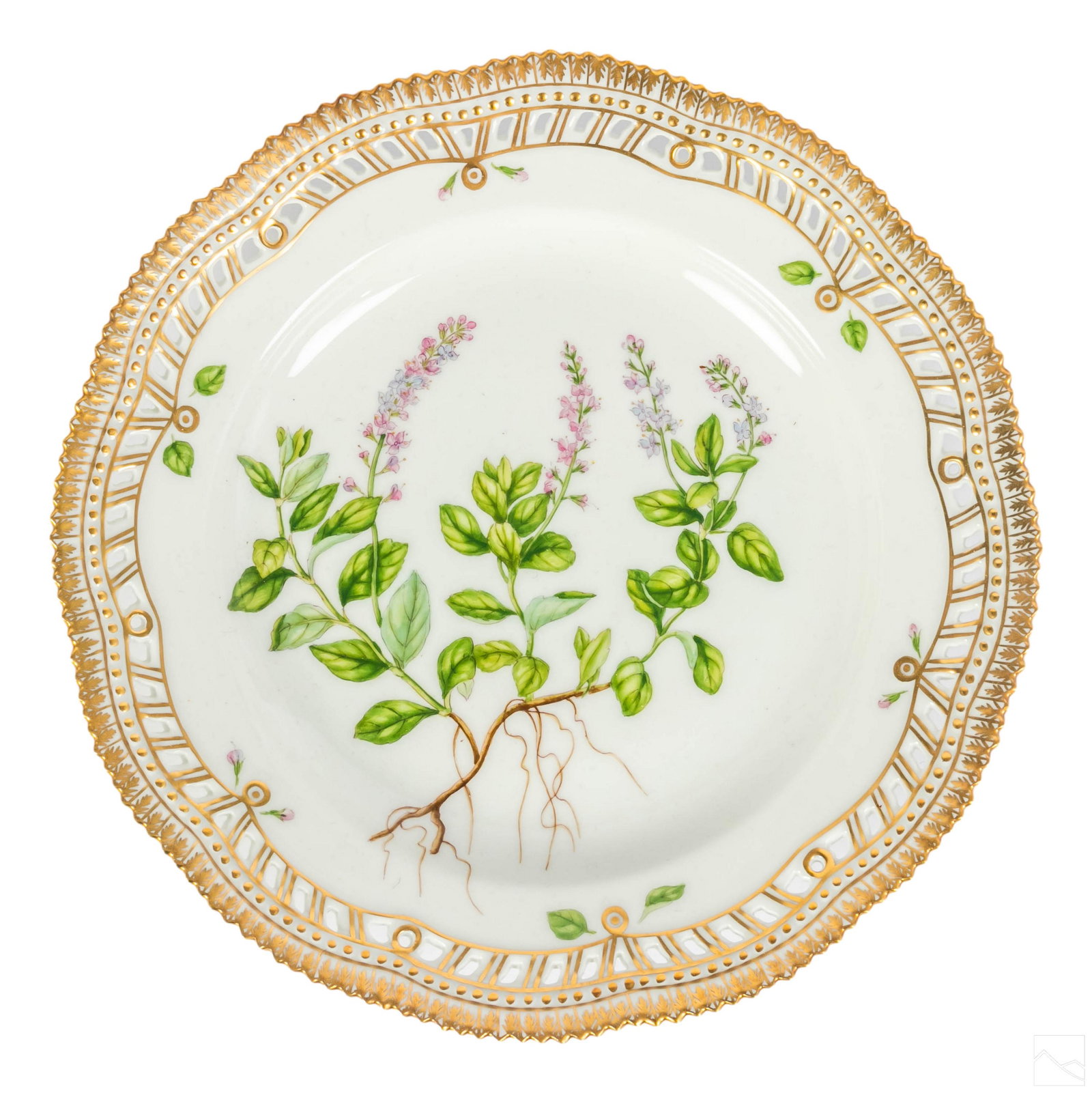 Royal Copenhagen Flora Danica Pierced Dinner Plate: Royal Copenhagen Flora Danica porcelain charger plate with pierced reticulated border. No. 20/3553. Latin name: "Veronica Officinalis L." Profuse gold gilding. ROYAL COPENHAGEN DENMARK backstamp with 