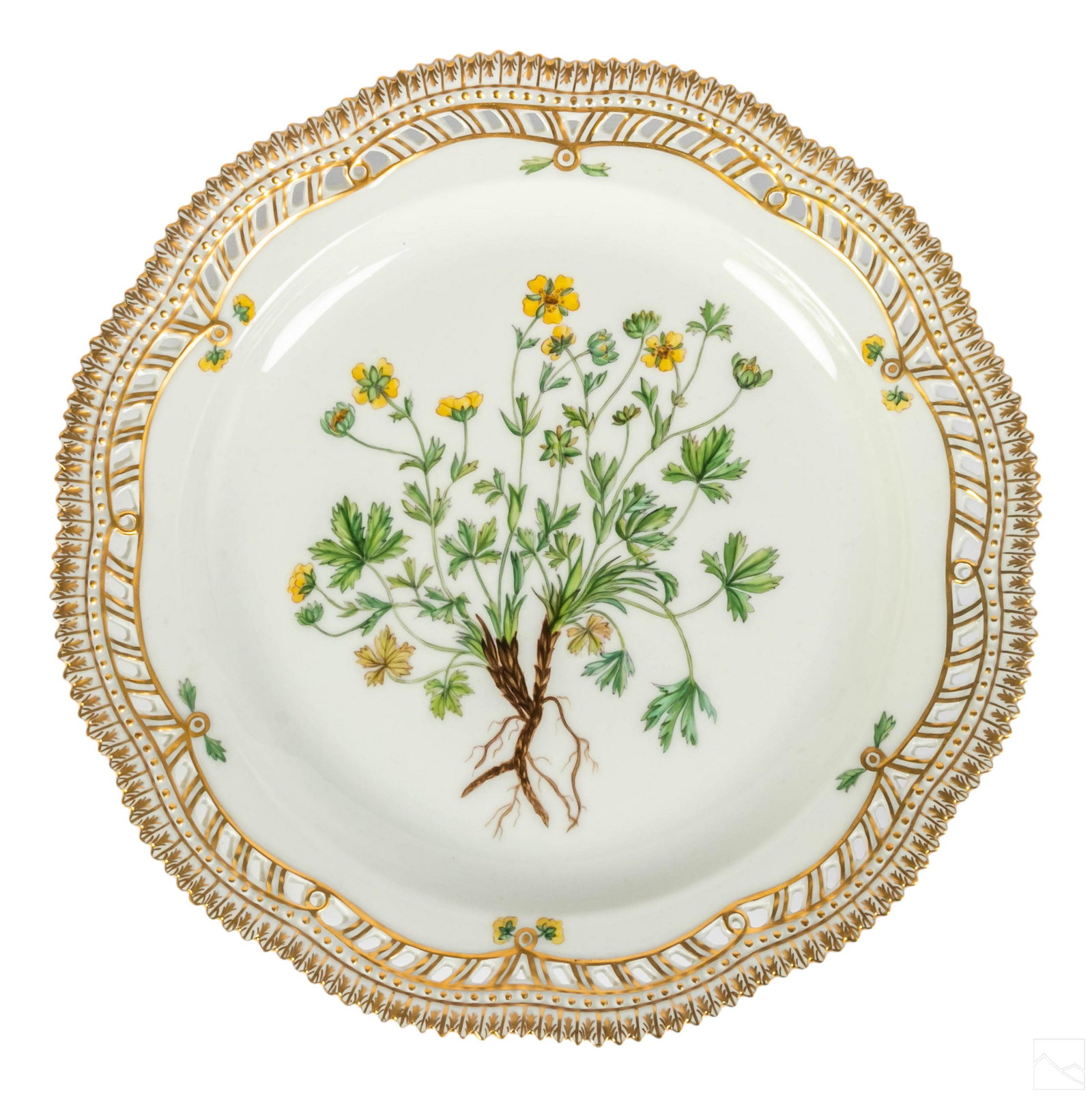 Royal Copenhagen Flora Danica Pierced Dinner Plate: Royal Copenhagen Flora Danica porcelain charger plate with pierced reticulated border. No. 20/3526. Latin name: "Potentilla Verna L." Profuse gold gilding. ROYAL COPENHAGEN DENMARK backstamp with patt
