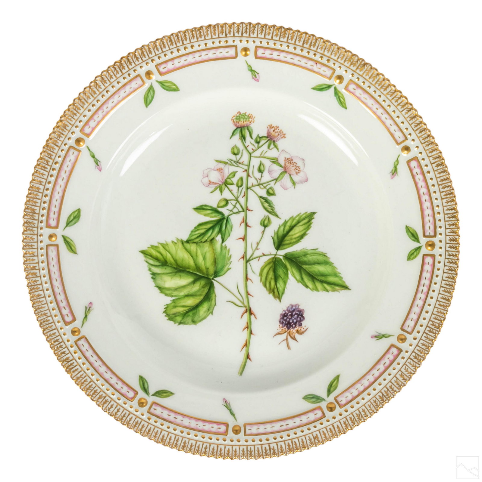 Royal Copenhagen Flora Danica Charger Dinner Plate: Royal Copenhagen Flora Danica porcelain charger plate. No. 20/3549. Latin name: "Rubus Vestitus Whe." Profuse gold gilding. ROYAL COPENHAGEN DENMARK backstamp with pattern and edition information, wit
