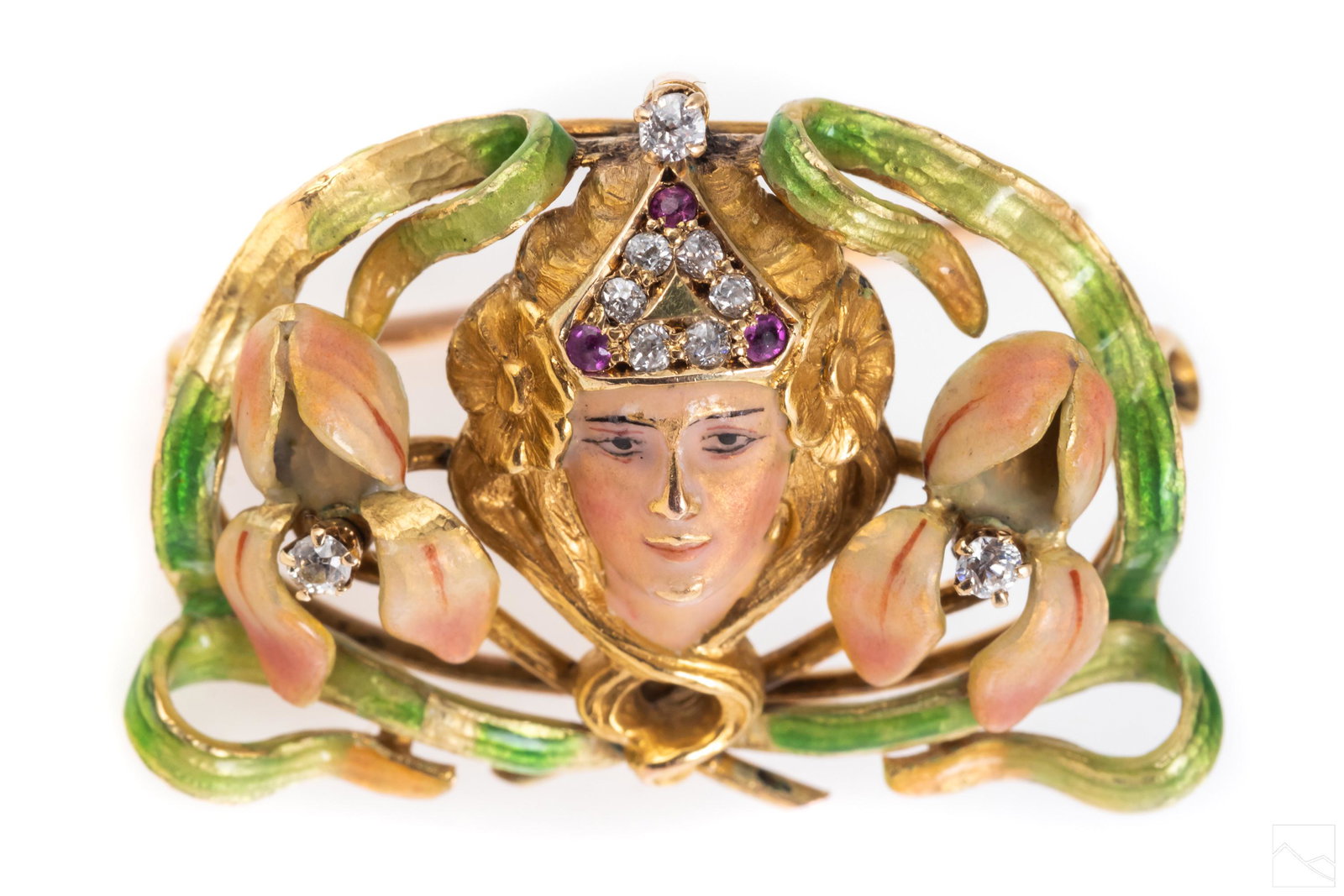 14K Gold Art Nouveau Diamond Enamel Maiden Brooch (1 of 5)