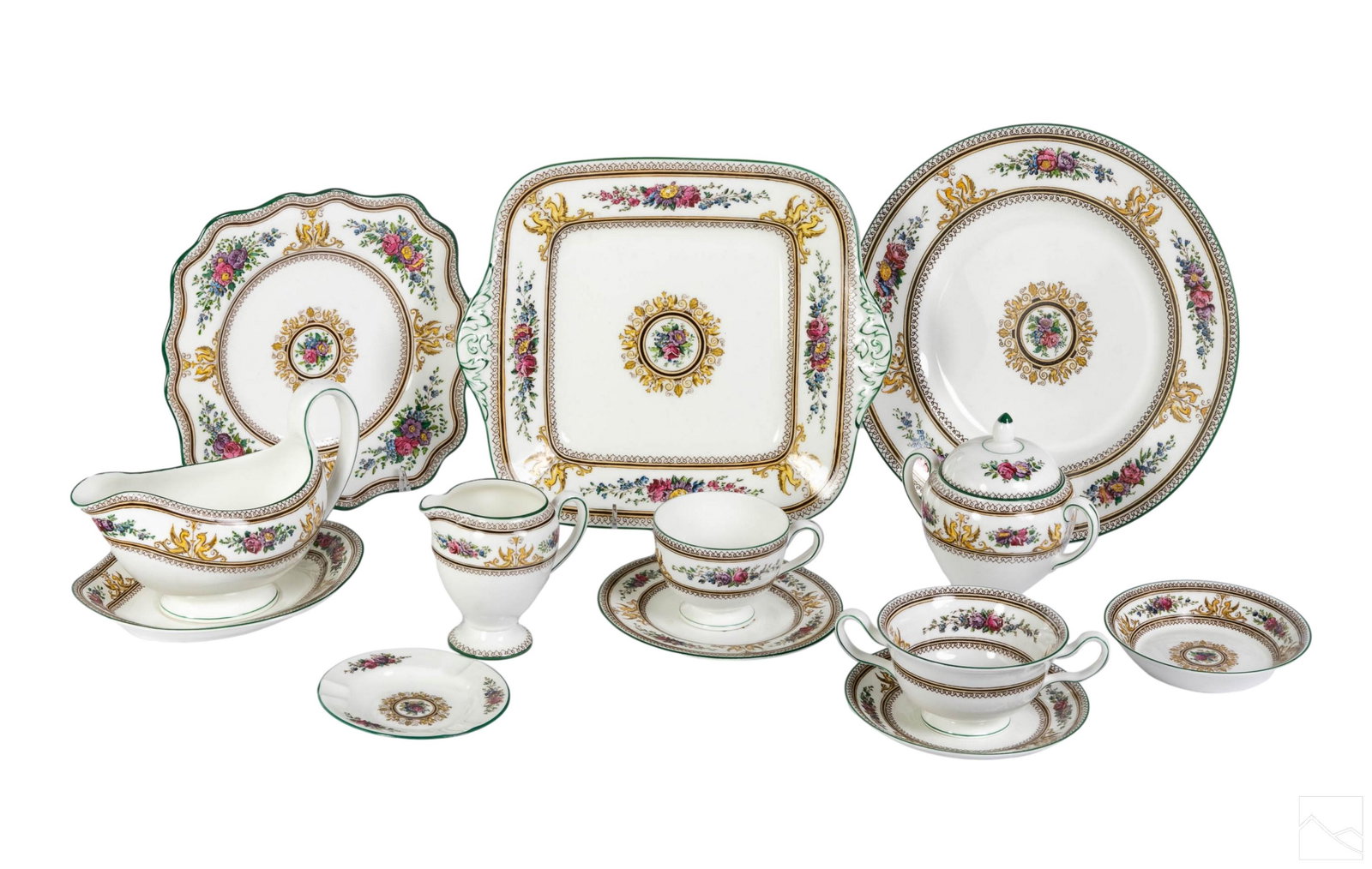 Wedgwood Bone China Columbia Dinner Service 99pc.: Wedgwood English fine bone china porcelain 99 piece dinner service in the Columbia pattern W595. Includes: 12 dinner plates (.75" x 10.75" x 10.75"); 12 salad plates with scalloped rims (5" x 8.25" x 