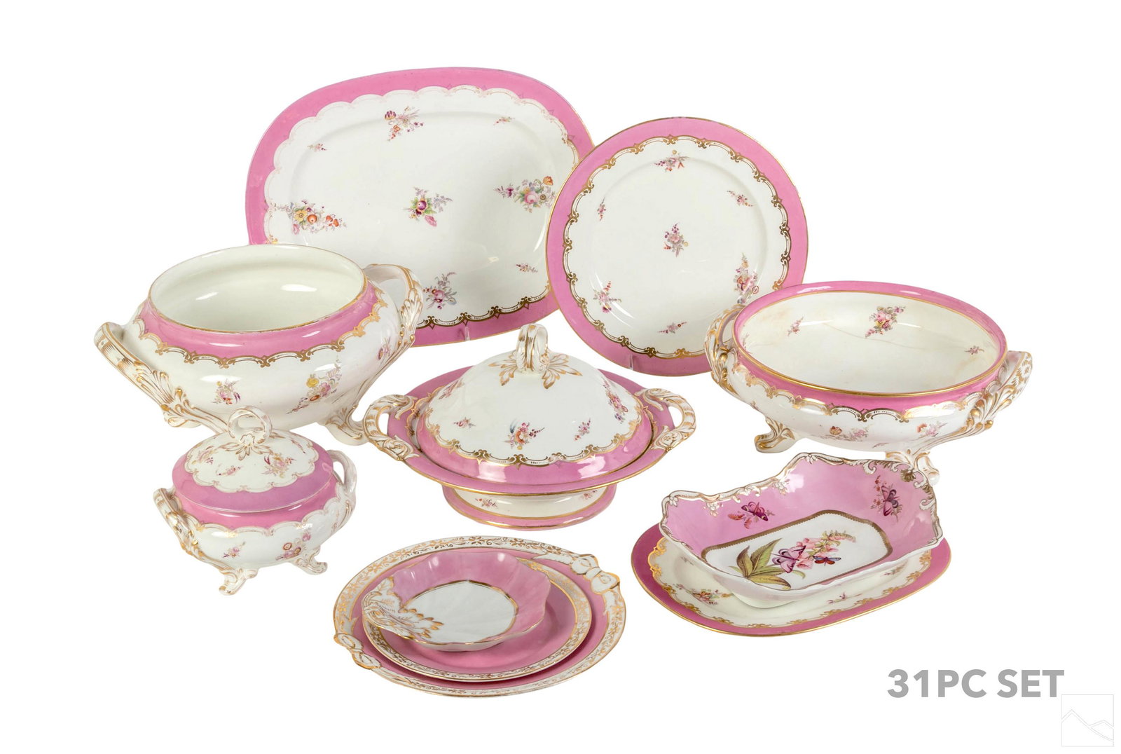 Coalport 19C Antique Salopian Bone China Svc. 44pc: Estate collection with a 31 piece antique 19th Century Coalport Salopian English porcelain dinner service, produced circa 1875. White ground, hand decorated with pink flora and bordering and having el