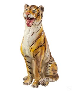 Monumental 20C Ceramic Tiger Wildlife Sculpture: A large Italian style ceramic tiger sculpture, produced mid 20th century. Big cat indoor home decor figure. No apparent signature. Rendered in style of Italian statues.Dimensions: 38 X 14 X 20 in. Con