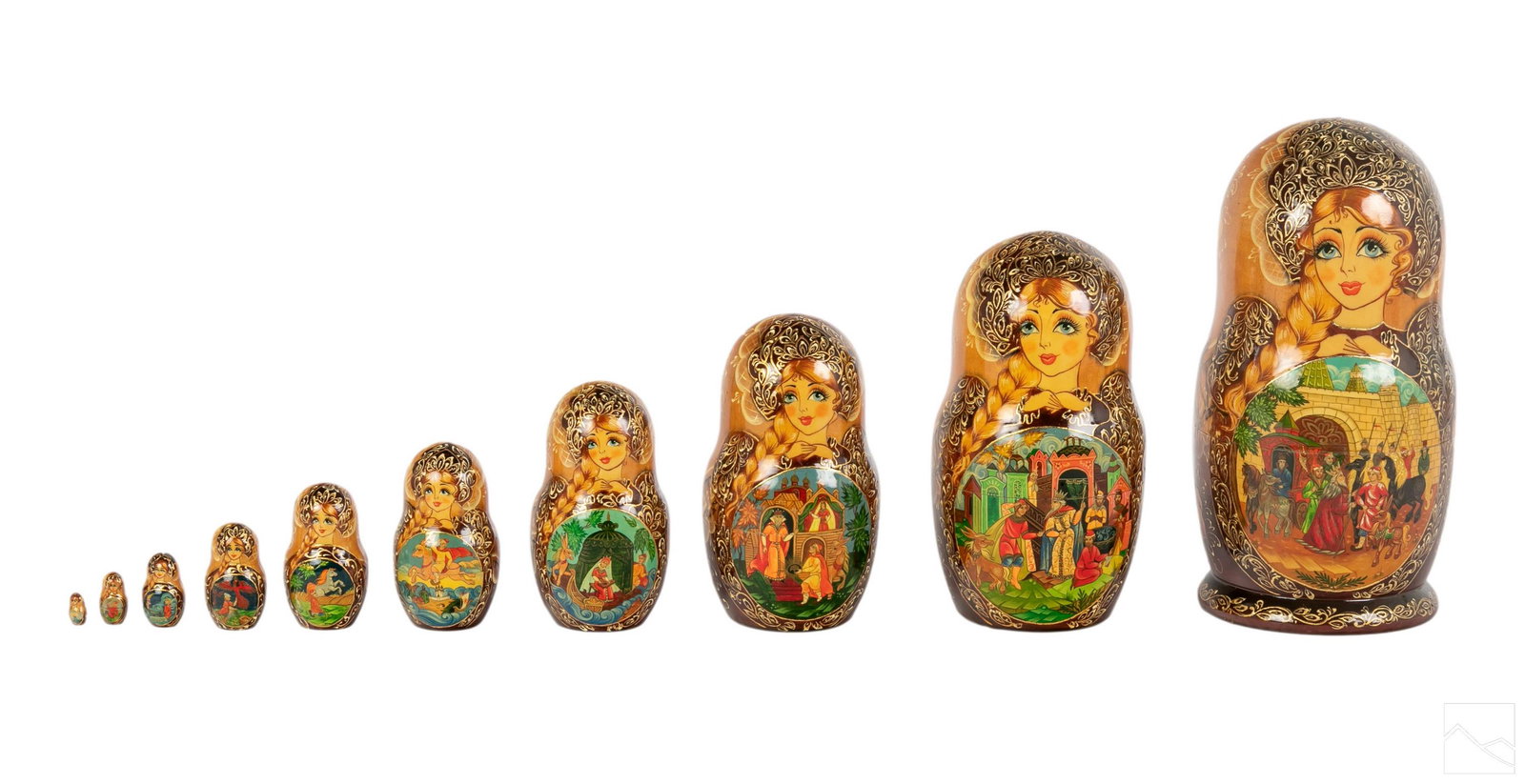 Russian Folk Art Matryoshka Nesting Doll 10 Layers: Very nicely hand painted Russian nesting doll. Large size with 10 layers. Depicts figural decor with Folk Tale scenes. Largest with warriors on horseback. Other scenes. Very well painted with raised g