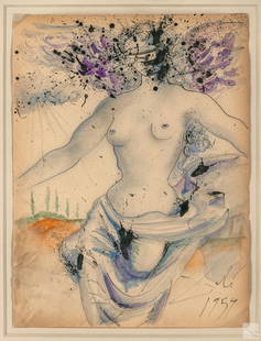 Salvador Dali 1904-1989 Nude Angel 1954 Painting: Salvador Dali (Spanish, 1904-1989). An original surreal mixed media ink and watercolor on wove paper. Features a "Semi Nude Angel With Cranial Drawer." An abstract Surrealist figural work. Signed and