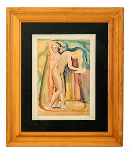 Domingo Ravenet 1905-1969 Abstract Figure Painting: Domingo Ravenet Esquerdo (Spanish Cuban, 1905-1969). An original watercolor painting on perforated paper. Titled "Banistas" ("Bathers"), an abstract figural work with nude human figures. Artist