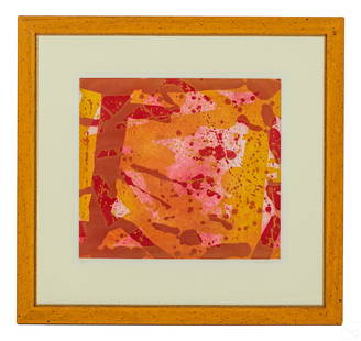 Sam Francis 1923-1994 RED CORAL LE Aquatint SIGNED: Sam Francis (American, 1923-1994). A limited edition aquatint in color on Fabriano Rosaspina paper. Titled, "Red Coral," produced 1973. An abstract composition in a colorful palette. Artist pencil