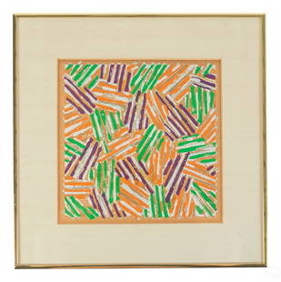 Jasper Johns b.1930 Abstract Modernist Screenprint: Jasper Johns (American, born 1930). A modern abstract screenprint on paper. Untitled work, produced circa 1977. Matted and framed under glass. Work Size: 9.5 x 9.5 in.Dimensions: 15 X 15 X .75 in. 