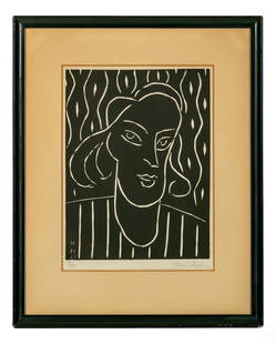 Henri Matisse 1869-1954 TEENY Linocut Print SIGNED: Henri Matisse (French, 1869-1954). A limited edition linocut art print. Titled, "Teeny," produced circa 1938. An abstract figural portrait of the artist's daughter-in-law, Alexina Matisse Duchamp