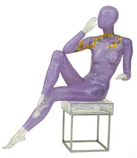 Italian Murano SICIS Female Nude Mosaic Art Glass: 21st Century modernist life size Italian female nude sculpture seated on base. Artist crafted mosaic three dimensional work comprised of miniature Murano art glass tiles. A very rare decor statement