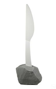 Earl Bronsteen 1926-2014 Plastic Knife Rock Floor Art Sculpture: A 20th Century contemporary art sculpture statement piece. A whimsical composition calling back to the legend of King Arthur and the Sword in the Stone. Comprised of an oversized opaque plastic knife