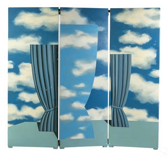 Dante Ferretti b.1943 Surreal Room Divider Screen: Dante Ferretti (Italian, born 1943). A hand decorated three panel surreal room divider screen. Screen primarily colored in shades of blue. Signed on screen. The artist is an Academy Award winning film