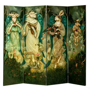 Whimsical Hand Painted 4 Panel Screen Room Divider: A unique mix of whimsical and classical all in one screen room divider. Circa 20th century large hand painted four panel folding screen room divider, decorated individually with allegorical images of