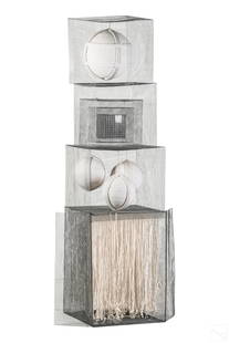 Xenia Fortin 1929-1999 Abstract Textile Sculpture: Xenia Fortin, (Yugoslavian, 1929-1999). Large abstract sculpture in wire and rope. Encased in wire boxes are white orbs of rope. Orbs are set atop of base of string design. No apparent signature. Acco