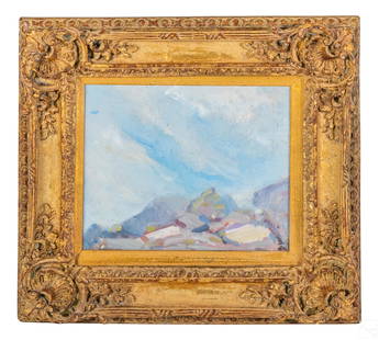 Beatrice Whitney 1888-1981 Mountain Oil Painting: Beatrice Whitney Van Ness (American, 1888-1981) Impressionist rocky mountain landscape oil on canvas board, circa 1925-30. Titled "Morning Rocks". Backside retains the original Childs Gallery Boston