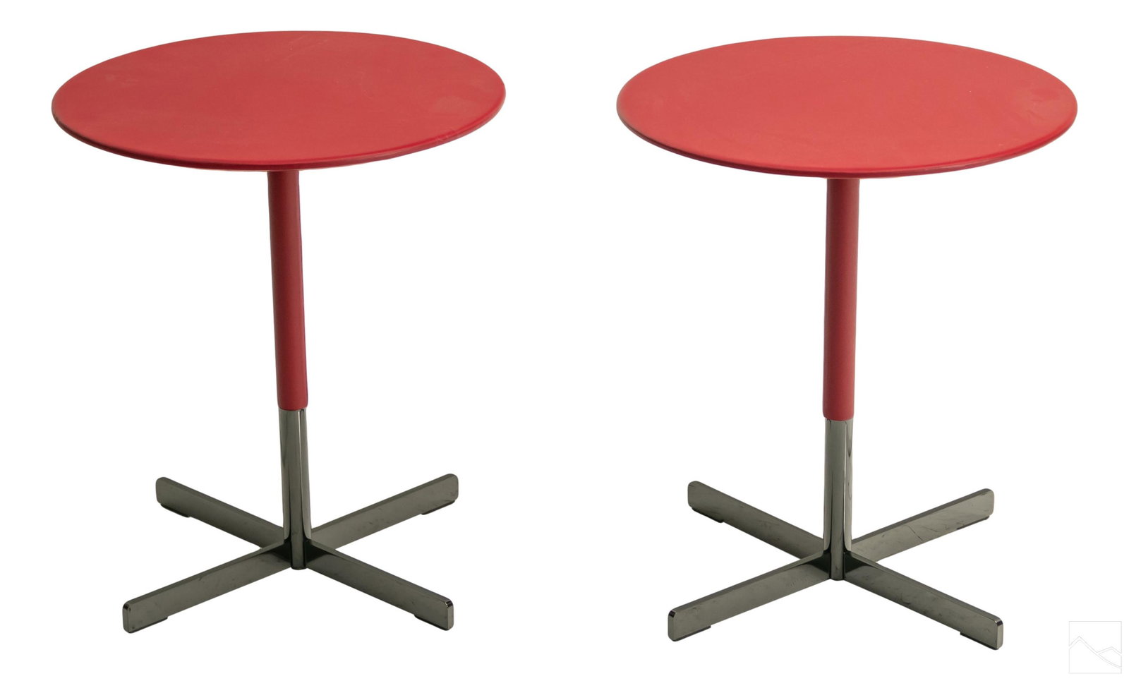 Poltrona Frau Massaud Pair Designer End Side Table: Pair of Poltrona Frau end side tables. Features hand stitched red leather over polished metal with round shape top. Designed for Poltrona Frau by Jean Marie Massaud (French, born 1966) for the Bob Bis