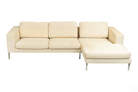 Bensen Niels Bendtsen Modernist Modular Sofa Couch: Niels Bendtsen (Danish Canadian, born 1943). A modern modular sofa couch for Bensen. Off-white cotton fabric upholstery. Surmounting tubular metal legs. One end is a chaise lounge. BENSEN