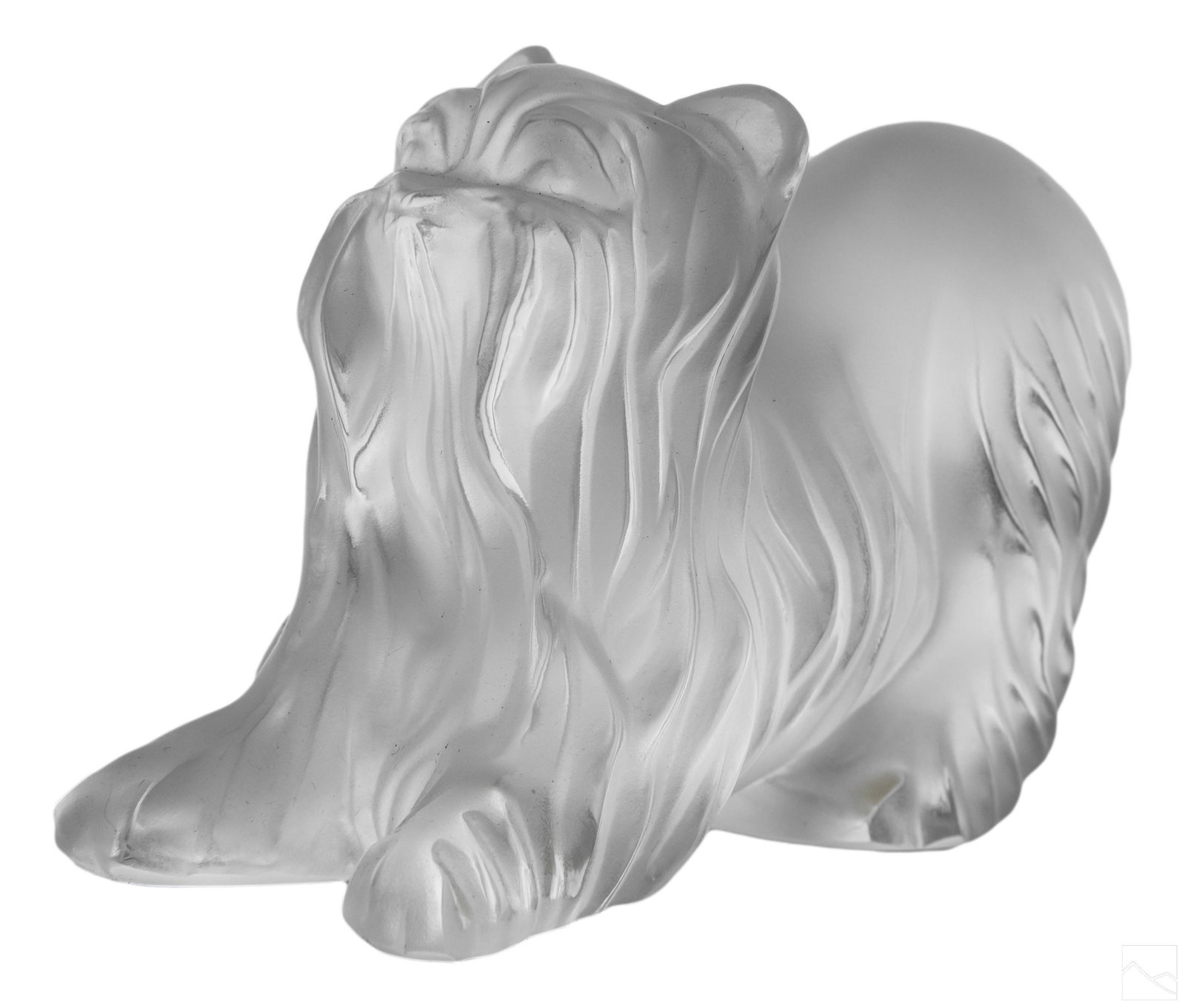 Lalique French Crystal Yorkshire Terrier Figurine: A Lalique French crystal "Super Boy" Yorkie dog sculpture. Frosted glass. Etched to underside LALIQUE FRANCE. Felt pads under feet. Procured from a Palm Beach Island Estate. Dimensions: 3 X 4.25 X 2 i