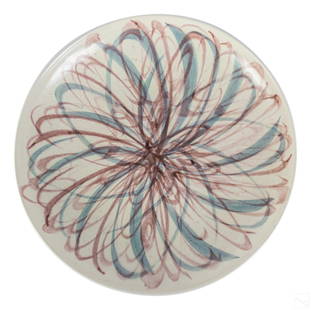 James Lovera 1920-2015 Ceramic Bowl Plate Charger: James Lovera (American, 1920-2015). A large glazed ceramic charger. Circular bowl form with cream ground, hand decorated to center with abstract polychrome floral forms. Incised artist signature to un