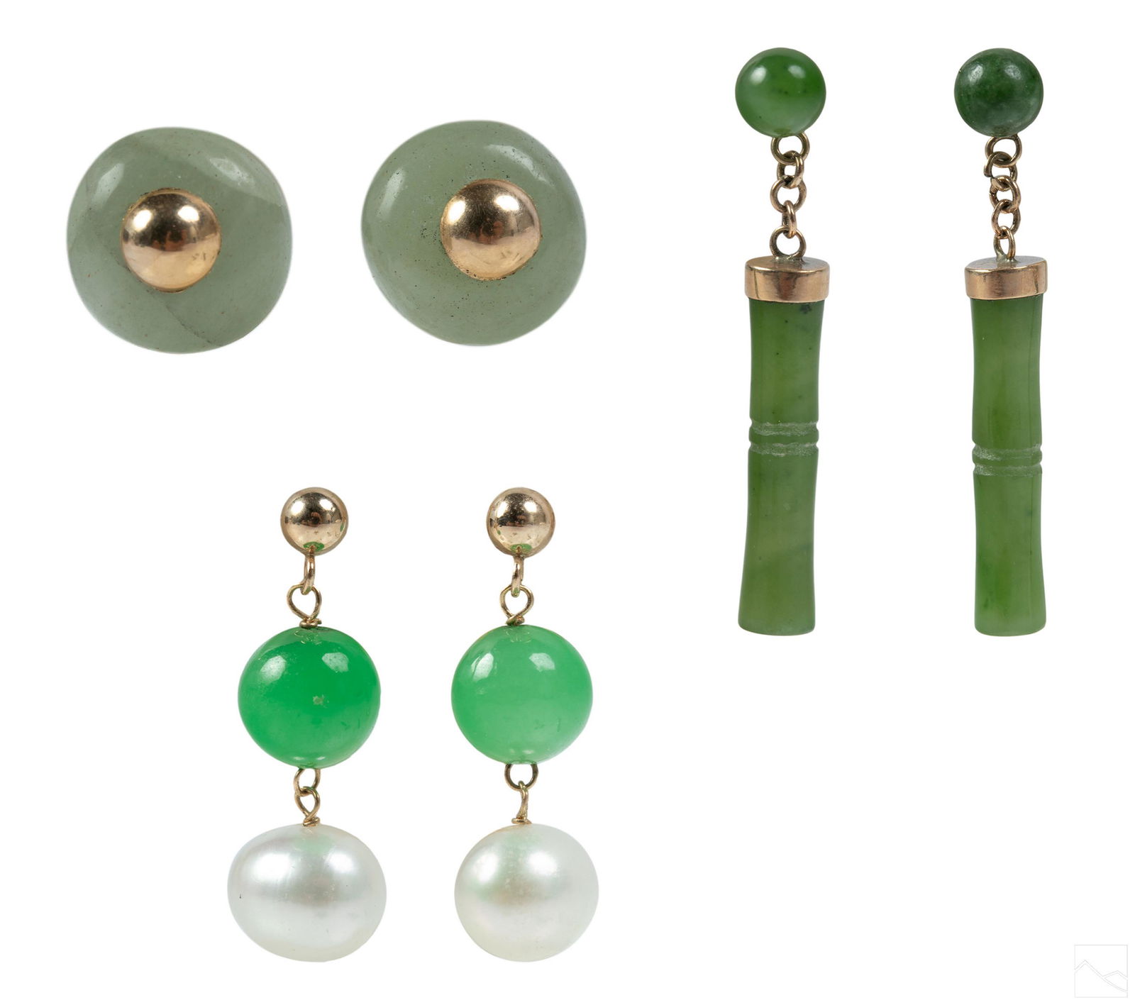 14K Gold Green Jade Pearl 3 Pairs of Earrings LOT: Collection of ladies vintage earrings. Circular studs measures 12.5mm wide and feature post closures and are set with light green jade. Unmarked but tested 14k, but lacking original 14k butterfly back