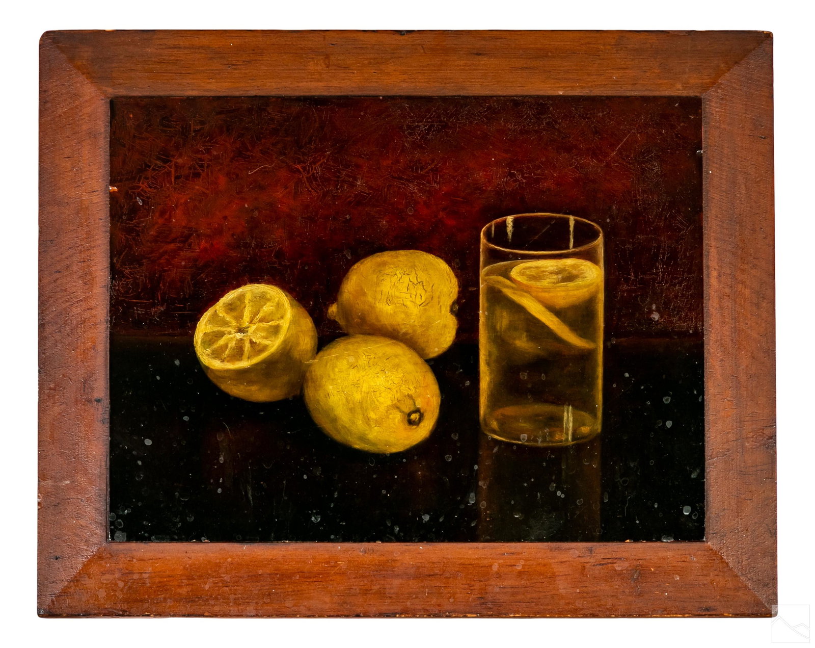 Folk Art Cocktail Lemons Still Life Oil Painting: Mystery Artist (20th Century). An original oil painting on board. A still life painted in a somber palette in the folk art style, with lemons, and a cocktail in a highball glass. No apparent signature