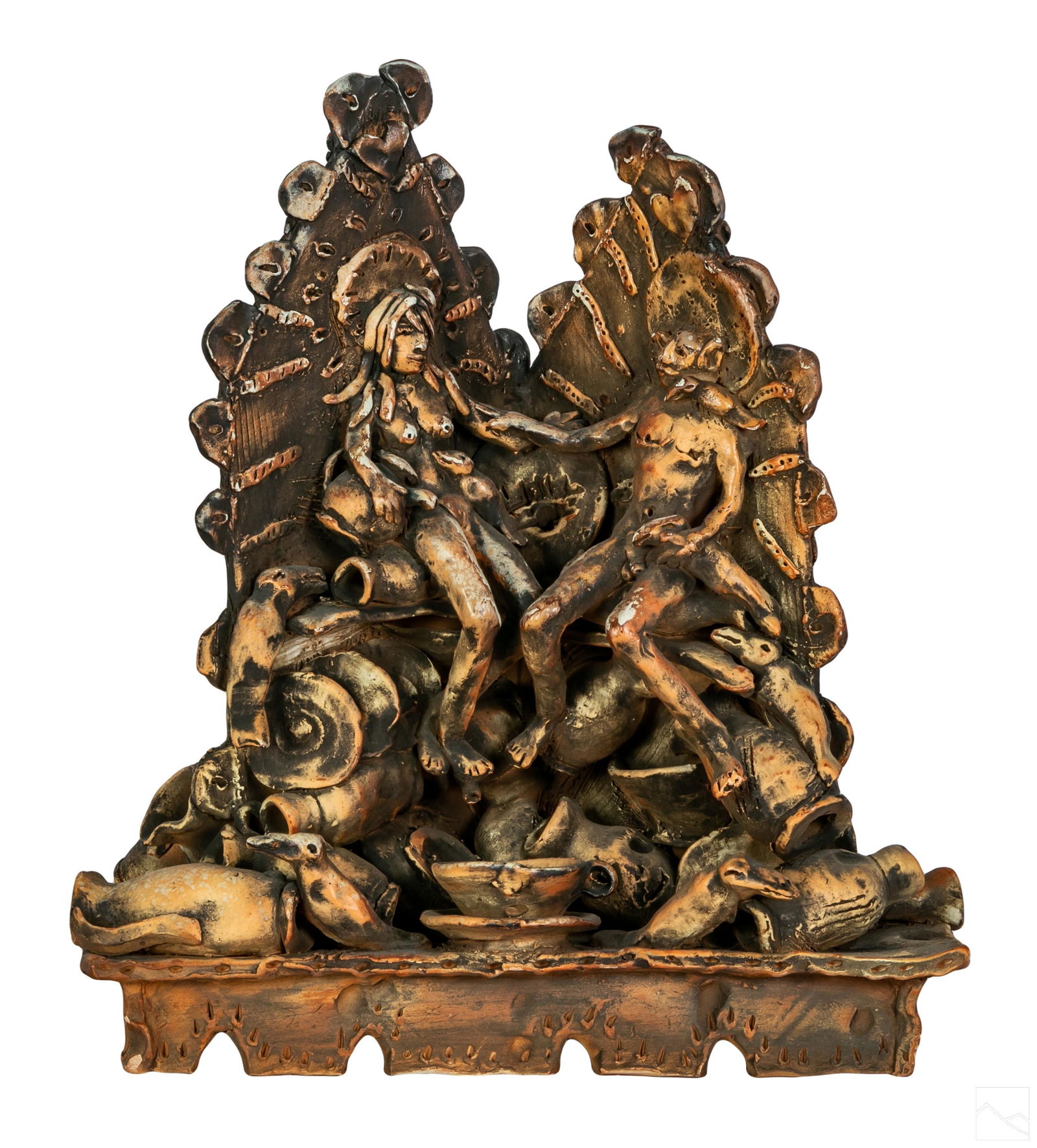 George McCauley b.1947 Nude Art Pottery Sculpture: George Metropoulos McCauley (American, born 1947). An abstract studio art pottery sculpture. An allegorical figural group with seated nude male and female figures within a shrine type setting, with ad