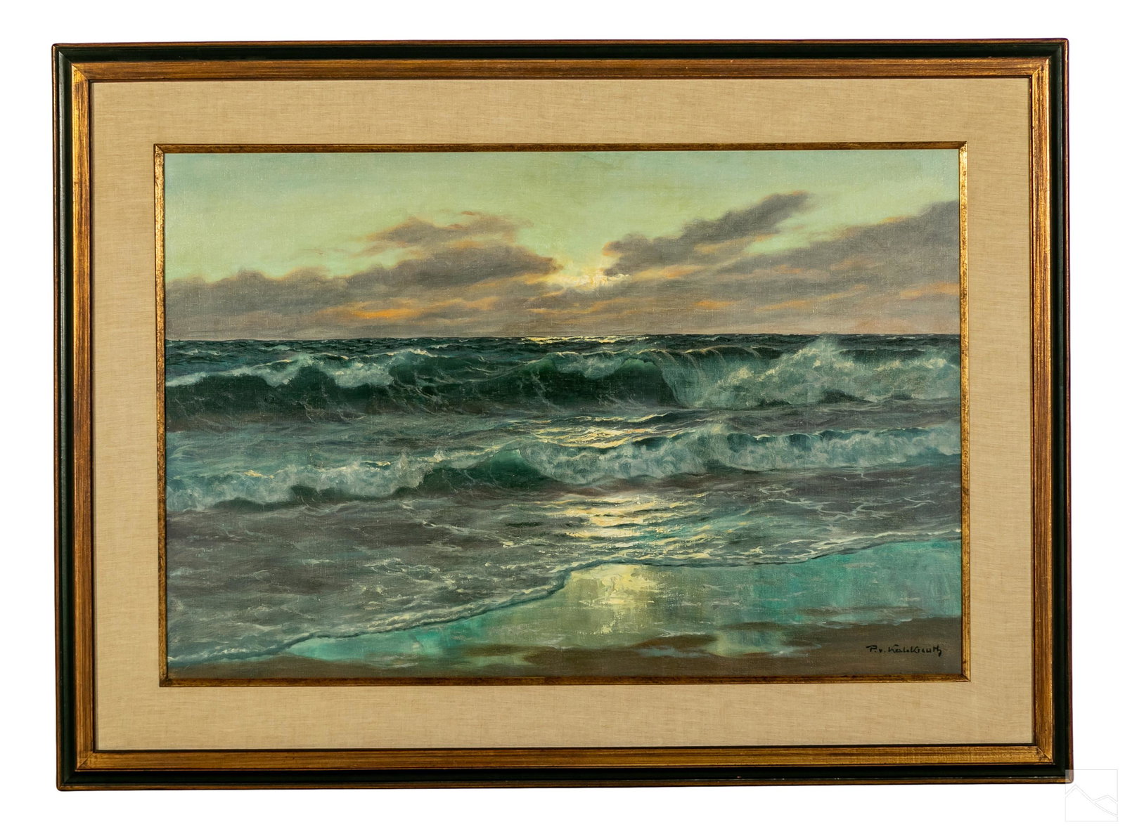 P. V. Kalckreuth 1892-1970 Sea Landscape Painting: Patrick von Kalckreuth (Patrick Dunbar) (German, 1892-1970). An original oil painting on canvas. A North Sea (Germany) landscape featuring crashing waves under pink and lavender clouds at sunset. Arti