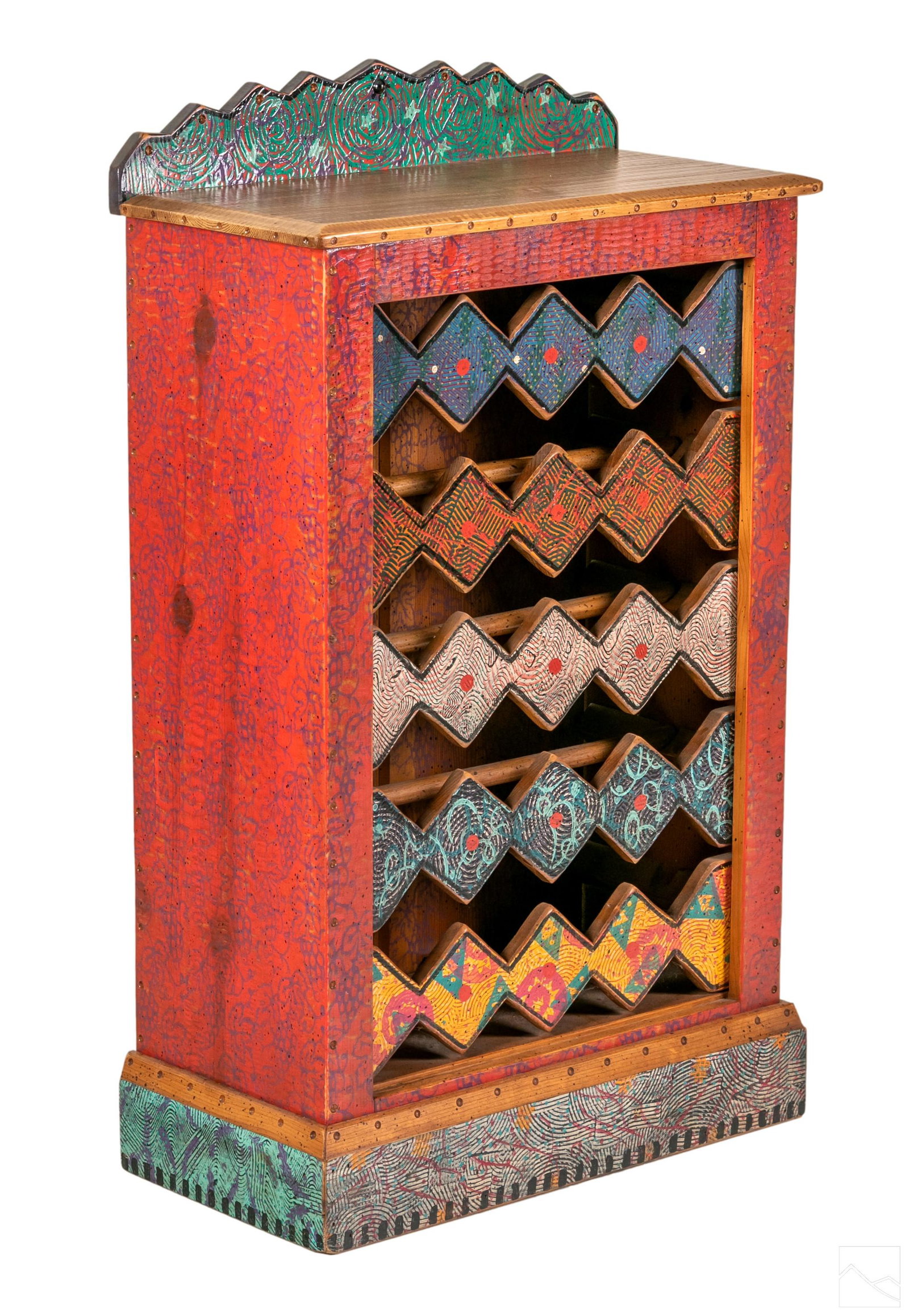Whimsical Designer Custom Wooden Wine Bottle Rack: A hand crafted, one-of-a-kind, four level carved wood wine rack cabinet. Produced 1997 by Shoestring Creations (Texas), with geometric and other patterns, in a whimsical style that evokes the manner o