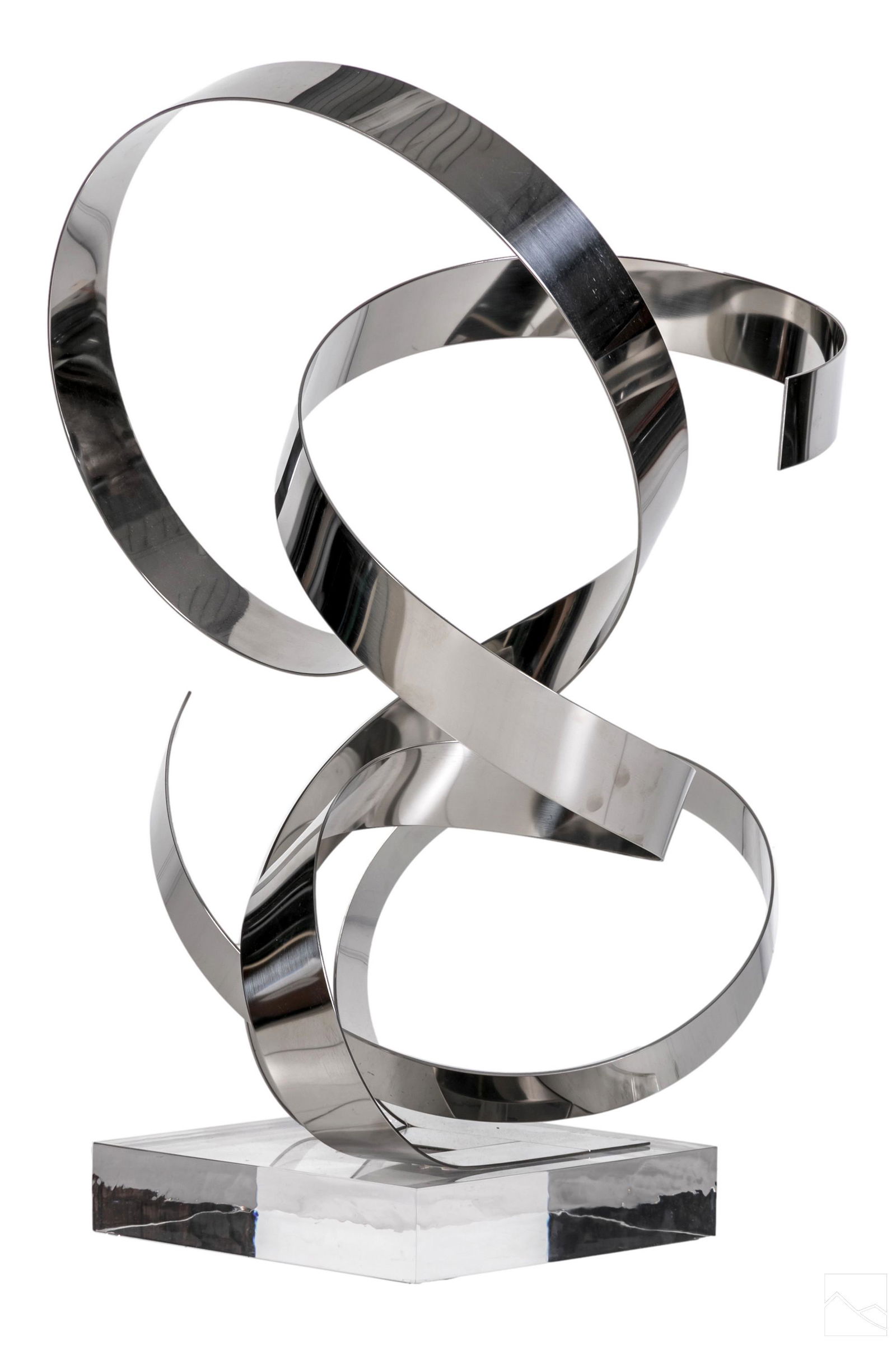 Dan Murphy b.1942 Metal & Lucite Ribbon Sculpture: Dan Murphy (American, born 1942). A modernist metal and lucite abstract statue. Double metal ribbon in chrome set on 3" thick lucite base. Signed Dan Murphy and dated 1985.Dimensions: 31 X 18 X 20 in.