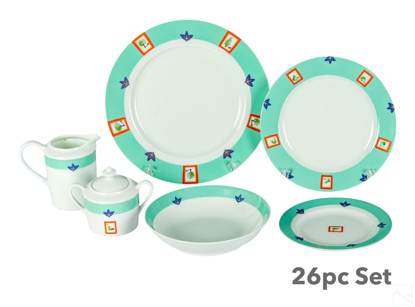 Limoges French Porcelain Bernardaud Dinnerware SET: A 26 piece estate collection of Limoges French porcelain dinnerware, manufactured by Bernardaud in the Vermont pattern, produced circa 1993. White ground with mint green rim and floral forms. Includes