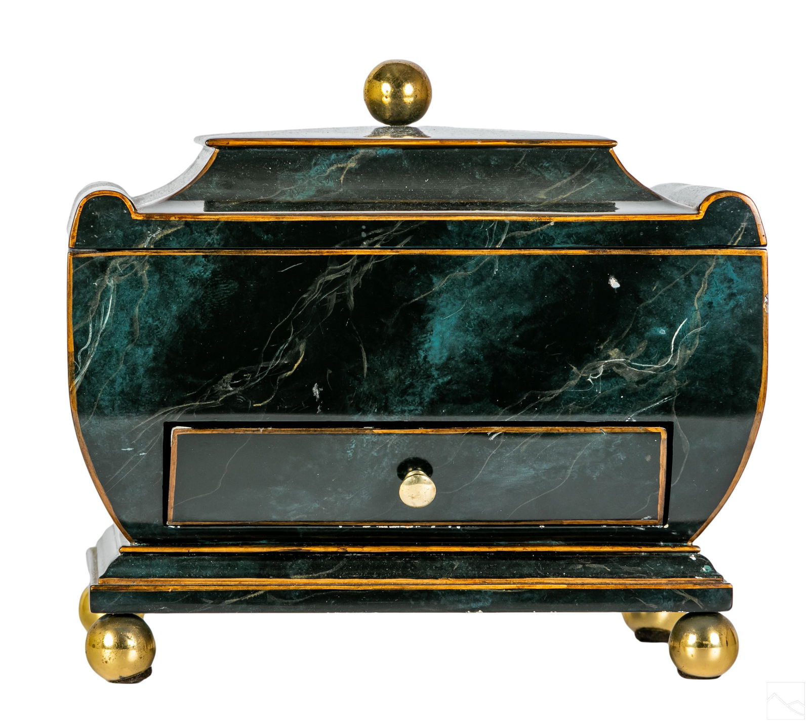 Maitland Smith Faux Marble & Brass Footed Box: Maitland Smith faux marble box. Box is set on four brass ball feet along with matching ball lid pull. Box has one drawer under main compartment. Dark blue background with hand painted marbling on wood