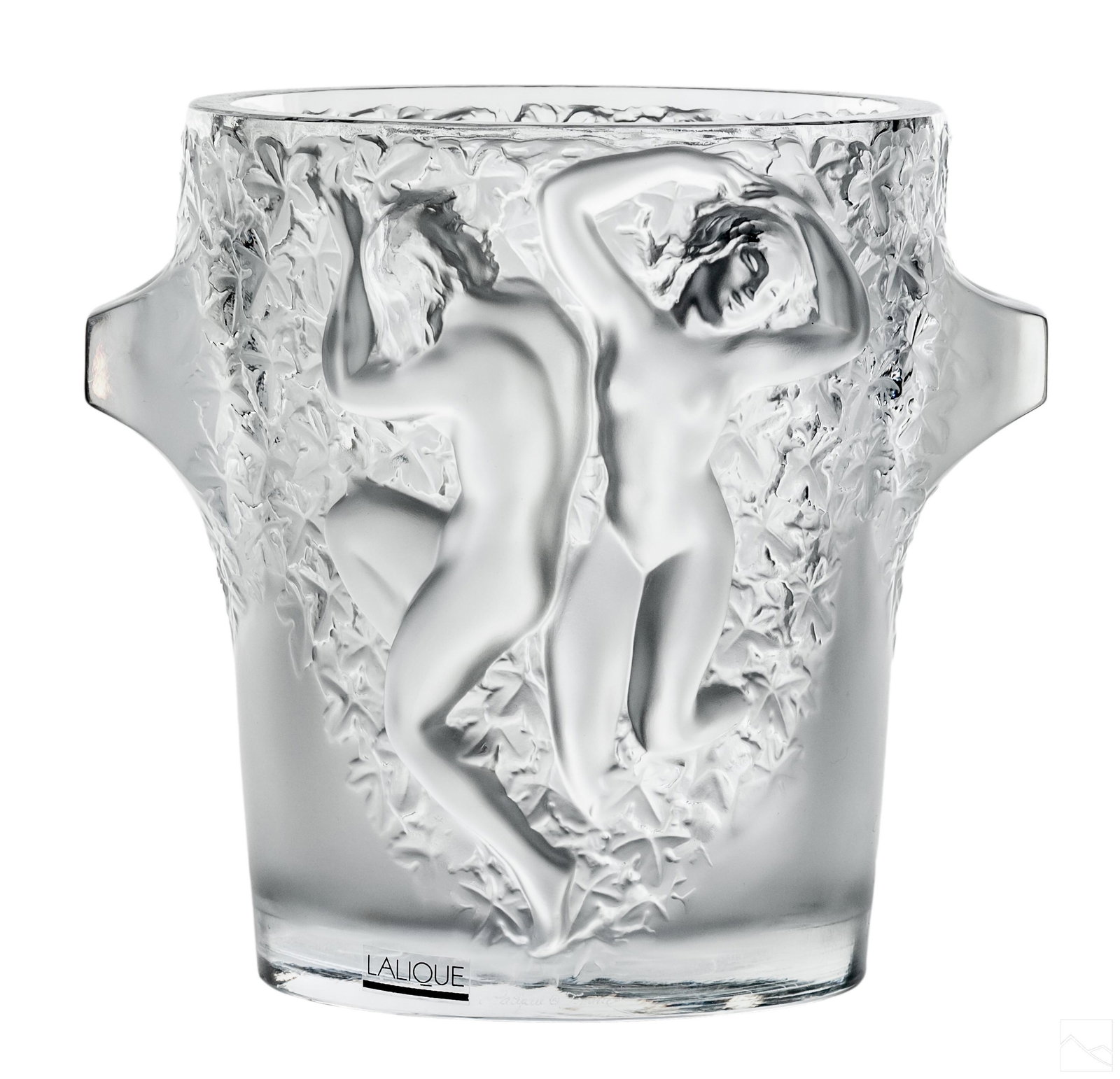Lalique Crystal GANYMEDE Champagne Cooler Bucket: Lalique French crystal Ganymede nude ice bucket. Champagne or wine ice bucket depicting dancing nude figures done in high relief. Signed Lalique France on base of ice bucket along with factory label. 