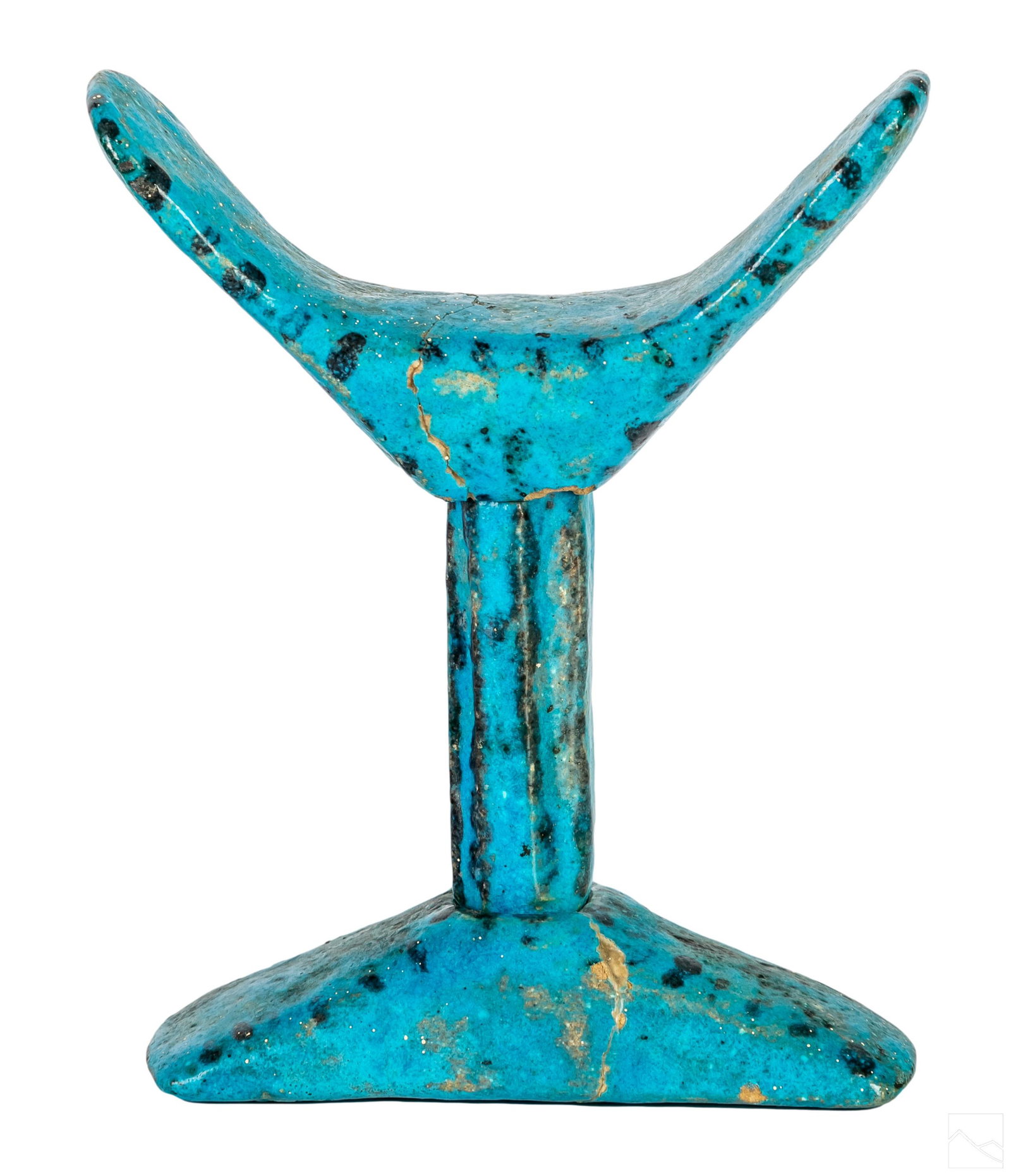 Egyptian Antique Ceramic Art Pottery Head Rest 3pc: An antique Egyptian terracotta ceramic pottery headrest. Three interlocking pieces, hand decorated in ocean blue copper glaze with dark embellishments. No apparent signature.Dimensions: 7 X 5 X 2 in.
