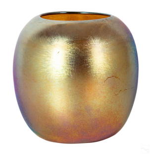 Victor Durand 1870-1931 Gold Aurene Art Glass Vase: Victor Durand, Jr. (French American, 1870-1931). Early 20th century studio art glass orb vase with golden aurene iridescent finish. Signed V DURAND on base of glass.Dimensions: 8 X 7 X 7 in. 