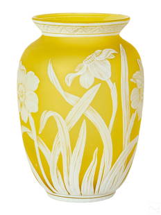 Thomas Webb & Sons English Cameo Art Glass Vase: Crafted of fine quality English art glass. Lively yellow cased in white in a cameo etched floral pattern complete with bees. Unmarked.Dimensions: 7.5 X 5.5 X 5.5 in. Condition: Good condition with