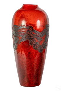 Legras French Art Deco Red Cameo Glass Floor Vase: A Legras French 20th century Art Deco style pigeon blood cameo art glass floor and or table vase. Features a black raised motif of art deco stylized hummingbirds and flowers. Relief signature on body.